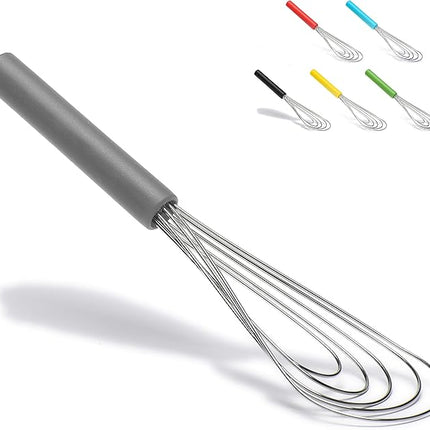 Flat Whisk Silicone Handle Non Slip 10" - 5 Wires Whisk with 10 Heads for Kitchen Cooking by Jell-Cell (Grey)