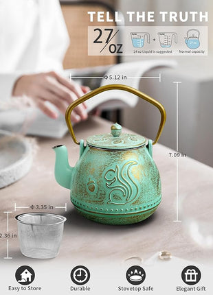 Toptier Teapot with Removable Infuser, Cast Iron Tea Kettle Stovetop Safe, Squirrel Design Tea Pot Coated with Enameled Interior for 32 Ounce (950 ml), Aqua