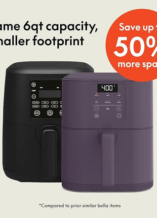 bella 6 Qt Slim Air Fryer, Fits-anywhere™ Kitchenware, EverGood™ Ceramic Nonstick Coating, Adjustable Temperature, 6 Preset Cooking Options, 60 Min Auto Shutoff w Audible Tone, 5lb Capacity, Plum