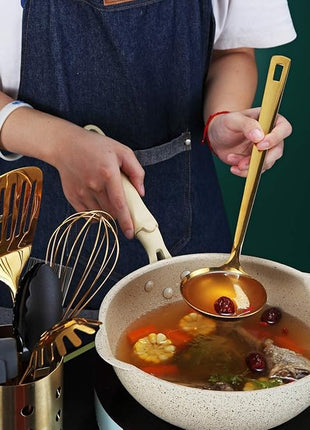 Gold Ladle, Berglander Stainless Steel Kitchen Ladle With Titainium Gold Plating, Soup Ladle, Cooking Ladle, Metal Soup Spoon For Cooking, Dishwasher Safe, Easy to Clean