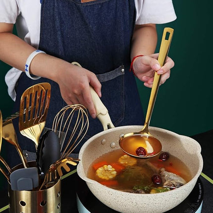 Gold Ladle, Berglander Stainless Steel Kitchen Ladle With Titainium Gold Plating, Soup Ladle, Cooking Ladle, Metal Soup Spoon For Cooking, Dishwasher Safe, Easy to Clean