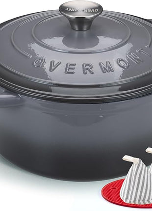 Overmont Enameled Cast Iron Dutch Oven - 5.5QT Pot with Lid Cookbook & Cotton Potholders - Heavy-Duty Cookware for Braising, Stews, Roasting, Bread Baking grey