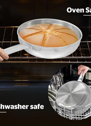 Sunhouse 9 Inch Tri-Ply Stainless Steel Frying Pan, Whole-Clad No Coatings Skillet with Stay-cool Handle for Cooking, Durable & Oven Safe to 500°F, Dishwasher Safe, Compatible with All Cooktops