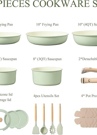 CAROTE Pots and Pans Set, Nonstick Cookware Set Detachable Handle, 19pcs Induction Kitchen Cookware Sets Non Stick with Removable Handle, RV Cookware Set, Oven Safe, Sage Green