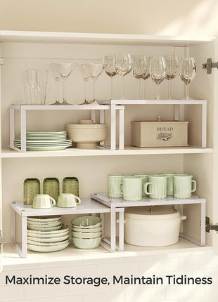 SONGMICS Spice Racks, Set of 4 Metal Cabinet Shelf Organizers, Countertop Organizers, Shelf Risers, Stackable, Expandable, Oatmeal Beige UKCS006K01