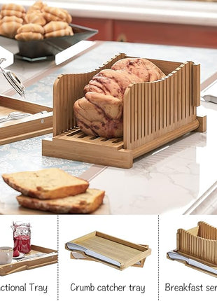 Bamboo Bread Slicer with Serrated Knife, Adjustable Guide for 3 Thickness Sizes, Foldable Chopping Board with Crumb Tray, Great for Homemade Bread, Cakes, Bagels