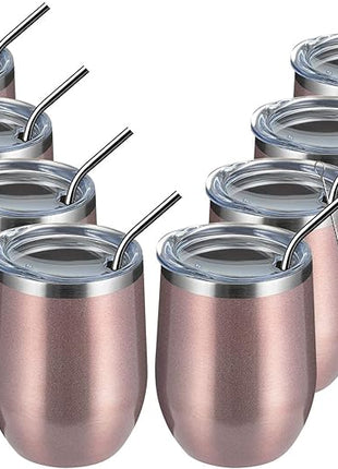 MEWAY 12oz/8 Pack Wine Tumbler Glasses with Lid - Stemless Double Wall Vacuum Stainless Steel Travel Tumbler - Keeping Cold & Hot for Wine,Coffee,Cocktails,Drinks (Rose gold,Set of 8)