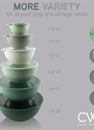 COOK WITH COLOR Mixing Bowls with Non Slip Bottom - 12 Piece Plastic Nesting Bowls Set includes 6 Prep Bowls and 6 Tritan Lids - Microwave Safe (Sage)