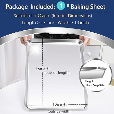 P&P CHEF 16 Inch Baking Cookie Sheet, Oven Pan Tray Stainless Steel Sheet Pan for Kitchen, Oven Bakeware for Multi Uses, Shiny Look & Dishwasher Safe, Healthy & Heavy Duty, 1Pc