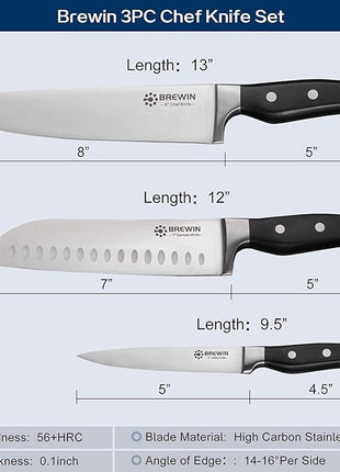 Brewin Professional Kitchen Knives, 3PC Chef Knife Set Sharp Knives for Kitchen High Carbon Stainless Steel, Japanese Cooking Knife with Gift Box