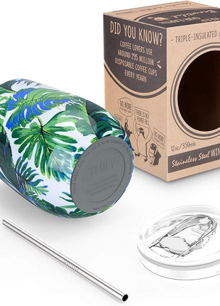THILY Stemless Wine Tumbler Vacuum Insulated 12 oz Triple-Insulated Stainless Steel Wine Glass with Lid, Straw, Keep Cold for Coffee, Cocktails, Green Plants