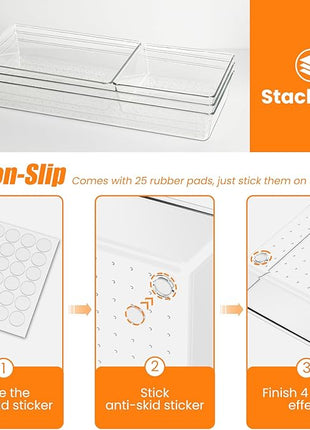 12 Pack Clear Plastic Drawer Organizer Set, Acrylic Non Slip Non Cracking Kitchen Drawer Storage Tray Large Size Divider, Multifunctional Storage for Cosmetics, Bathroom, Tools, Kitchen and Office