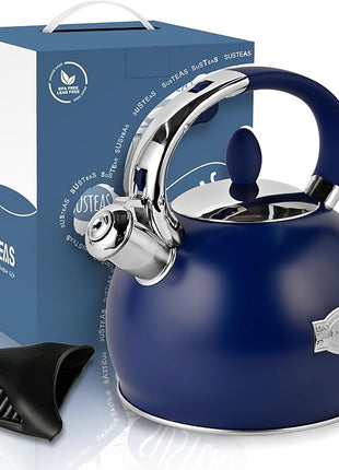 SUSTEAS Stove Top Whistling Tea Kettle - Food Grade Stainless Steel Teakettle Teapot with Cool Touch Ergonomic Handle, With 1 Silicone Pinch Mitt Included, 2.64 Quart,NAVY BLUE