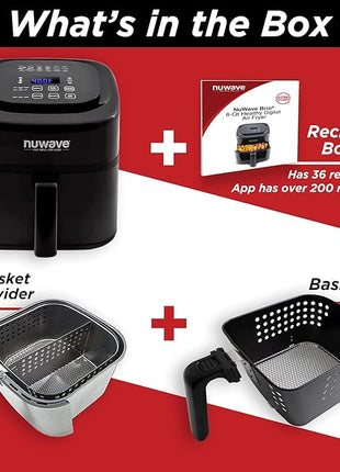 Nuwave Brio 6-Quart Digital Air Fryer Including Non-Stick Baking Pan and Stainless-Steel Cooking Rack (6-Quart + Gourmet Kit), Black