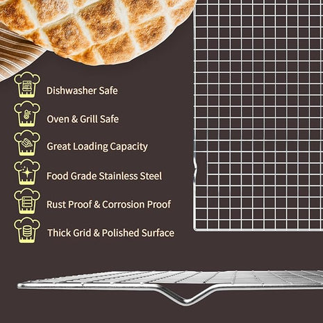 Briout 2PCS Cooling Racks for Cooking and Baking - 15x10 Inches Heavy Duty Stainless Steel Wire Rack for Baking, Grilling, Roasting - Oven & Dishwasher Safe - Fits Jelly Roll Sheet Pan-Silver