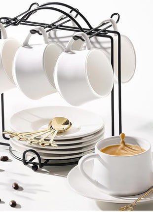 Lareina 3-Ounce Porcelain Espresso Cups Set of 6, Stackable Coffee Cups with Saucers, Spoons and Metal Stand, Ceramic Demitasse Mugs, Espresso Accessories for Machine, White