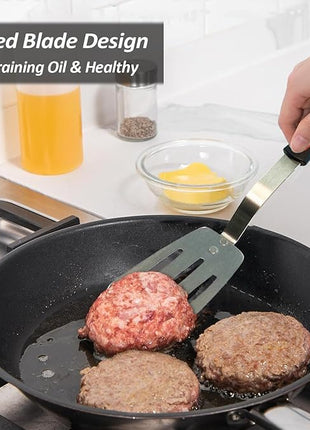 Stainless Steel Spatula, Flexible Metal Slotted Turner for Cast Iron Skillet, Thin Blade and Heat Resistant Silicone Handle, Great for Egg, Cookie, Meat, Crep, Large