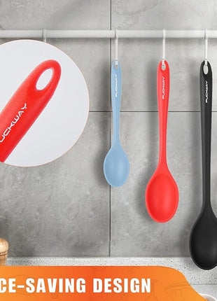 3 Pcs Silicone Spoons Set of 7.9 10.6 14.2 inch for Cooking, Heat Resistant Kitchen Spoons for Mixing, Stirring, and Serving, Small to Large Non Stick (Black & Red & Blue)