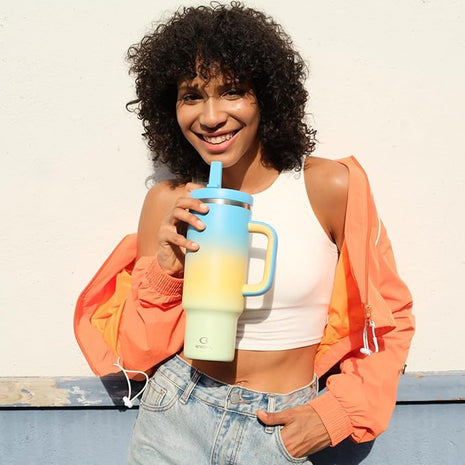 40 oz Tumbler with Handle and Straw: Stainless Steel Insulated Tumbler Keeps Cold for 24 Hours, Leakproof Travel Cup Fits in Cup Holder and BPA-Free, Sunny Breeze