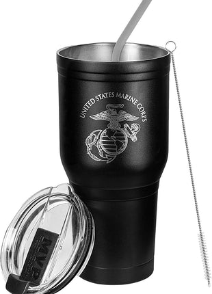 Military Gift Shop USMC 30 oz Coffee Travel Mug | Double Wall Vacuum Insulated Coffee Tumbler | Stainless Steel Coffee Mug With Lid & Straw USMC 30oz Tumbler