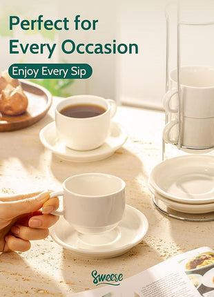 Sweese Porcelain Espresso Cups Set, 4 oz Stackable Cups with Saucers Metal Stand, Set of 4, White