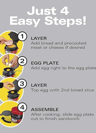 Hamilton Beach Breakfast Sandwich Maker with Egg Cooker Ring, Customize Ingredients, Perfect for English Muffins, Croissants, Mini Waffles, Perfect White Elephant Gifts, Red (25476)