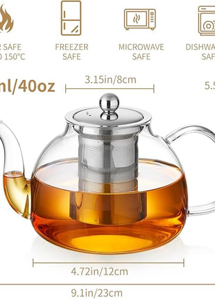 40OZ (1200ML) Glass Teapot with Infuser Stovetop Safe, Clear Glass Tea Pot Kettle, Borosilicate Tea Pot with Infusers Filter for Loose Tea, Tea Kettle Dishwasher Safe