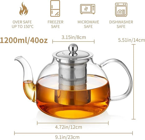 40OZ (1200ML) Glass Teapot with Infuser Stovetop Safe, Clear Glass Tea Pot Kettle, Borosilicate Tea Pot with Infusers Filter for Loose Tea, Tea Kettle Dishwasher Safe