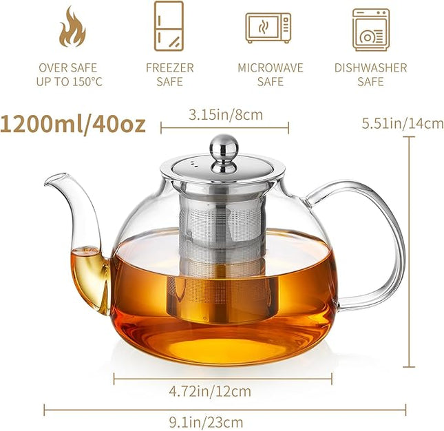 40OZ (1200ML) Glass Teapot with Infuser Stovetop Safe, Clear Glass Tea Pot Kettle, Borosilicate Tea Pot with Infusers Filter for Loose Tea, Tea Kettle Dishwasher Safe