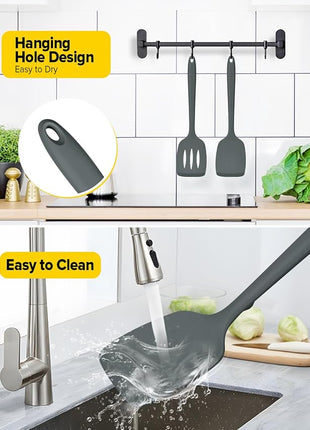 Pack of 2 Silicone Spatula Turners, Non Stick Slotted Kitchen Spatula Set, Heat Resistant BPA Free Kitchen Utensils, One-Piece Design, Suitable for Flipping Fish, Eggs, Steak, Pancakes(GRAY)