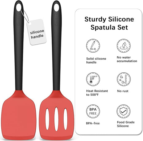 Coukre 2 Pack Silicone Spatula Set, High Heat Resistant, BPA Free Kitchen Spatula, Solid & Slotted Turner for Non-Stick Pans, Sautéing, and Flipping (2, Red)