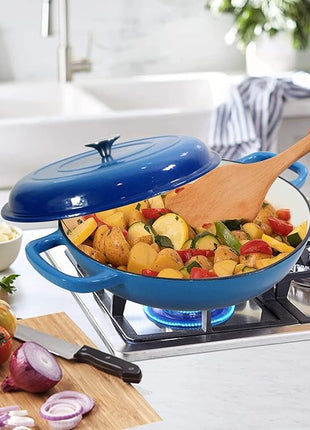 Cast Iron Dutch Oven 3.8 Quart Pot With Lid - Blue Heavy Duty Dual Handles Porcelain Enameled Skillet - Family or Friends Gifts