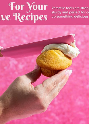 Paris Hilton Silicone Spatula Set, Heat Resistant Kitchen Utensils Tool Set includes a basting brush, all-purpose spatula, large spatula, spoon and spreader, 5-Piece Pink