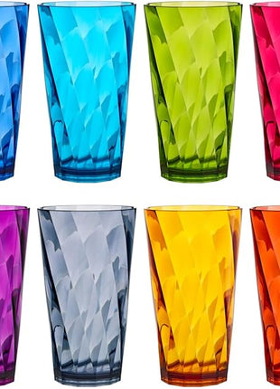 US Acrylic Optix Plastic Reusable Drinking Glasses (Set of 8) 20oz Water Cups in Jewel Tone Colors | BPA-Free Tumblers, Made in USA | Top-Rack Dishwasher Safe