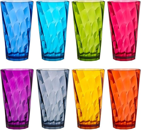 US Acrylic Optix Plastic Reusable Drinking Glasses (Set of 8) 20oz Water Cups in Jewel Tone Colors | BPA-Free Tumblers, Made in USA | Top-Rack Dishwasher Safe