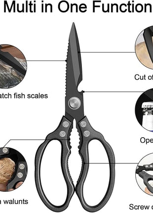 CGBE Kitchen Scissors, Multi-Purpose Kitchen Shears, Heavy Duty Dishwasher Safe Food Scissors for Chicken, Poultry, Fish, Meat & Herbs with Non-Slip Grips - ALL Black