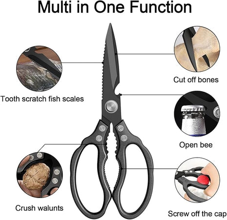 CGBE Kitchen Scissors, Multi-Purpose Kitchen Shears, Heavy Duty Dishwasher Safe Food Scissors for Chicken, Poultry, Fish, Meat & Herbs with Non-Slip Grips - ALL Black