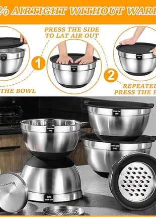 Umite Chef Mixing Bowls with Airtight Lids, 26Pcs Stainless Steel Bowls Set, 3 Grater Attachments & Black Non-Slip Bottoms Size 7, 4, 2.5, 2.0,1.5, 1QT, Great for Mixing & Serving