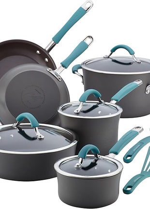 Rachael Ray Cucina Hard Anodized Nonstick Cookware Pots and Pans Set, 12 Piece, Gray with Blue Handles