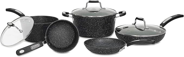 Starfrit The Rock 8PC Non-Stick Cookware set - Durable Forged Aluminum - Oven Safe - PFOA Free - Easy to Clean - Black