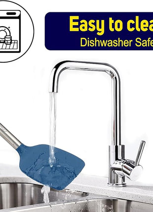 HOTEC Silicone Spatula Set of 2 Heat-Resistant 600°F & BPA-Free Kitchen SaptulaTurner with Stainless Steel Handles, Slotted & Solid Spatulas for Nonstick Cookware, 13.7 Inch, Classic Blue