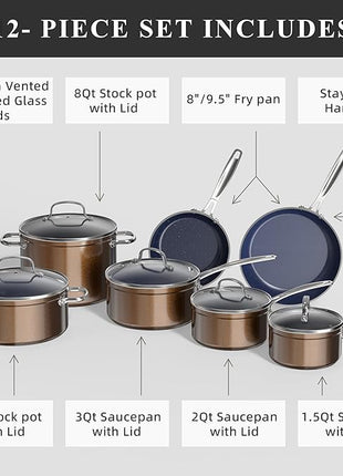 Nuwave Healthy Duralon Blue Ceramic Nonstick Cookware Set, Diamond Infused Scratch-Resistant, PFAS Free, Dishwasher & Oven Safe, Induction Ready & Evenly Heats, Tempered Glass Lids & Stay-Cool Handles