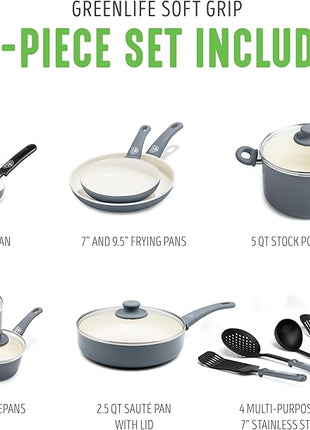 GreenLife 16 Piece Nonstick Cookware Set, Soft Grip Non-Toxic PFAS-Free Ceramic Pots & Pans, Dishwasher & Oven Safe, Frying, Sauce, Saute, Utensils, Glass Lids, Stay-Cool Handles, Wobble Free, Gray