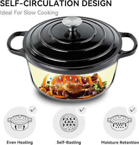 Miereirl 6 Quart Enameled Dutch Oven Pot with Lid, Cast Iron Dutch Oven with Dual Handles for Bread Baking, Cooking, Non-stick Enamel Coated Cookware (Black)