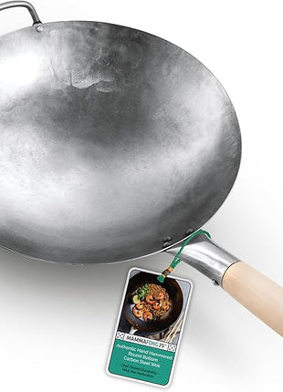 Mammafong Round Bottom 14-inch Traditional Carbon Steel Wok Pan - Authentic Hand Hammered Woks and Stir Fry Pans - Pow Wok with no chemical coating