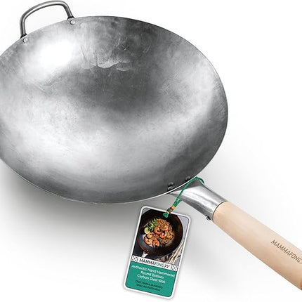 Mammafong Round Bottom 14-inch Traditional Carbon Steel Wok Pan - Authentic Hand Hammered Woks and Stir Fry Pans - Pow Wok with no chemical coating