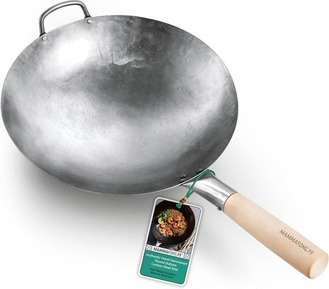 Mammafong Round Bottom 14-inch Traditional Carbon Steel Wok Pan - Authentic Hand Hammered Woks and Stir Fry Pans - Pow Wok with no chemical coating
