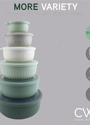 COOK WITH COLOR Prep Bowls with Lids- Wide and Deep Nesting Plastic Small Mixing Bowl Set with Lids, 12 Piece Set - Wide Bowls, Sage