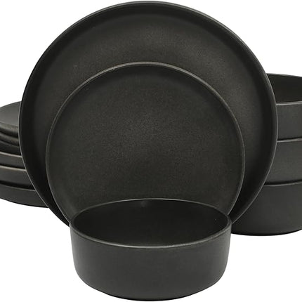 Gibson Elite Pasco 12 Piece (Service for 4) Plates and Bowls Reactive Glaze Dishes Stoneware Ceramic Dinnerware Set - Black