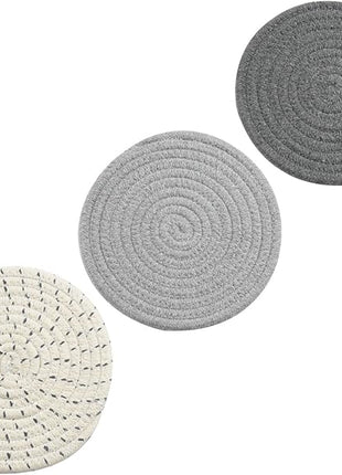 Potholders Set Trivets Set 100% Pure Cotton Thread Weave Hot Pot Holders Set (Set of 3) Stylish Coasters, Hot Pads, Hot Mats,Spoon Rest For Cooking and Baking by Diameter 7 Inches (Gray)